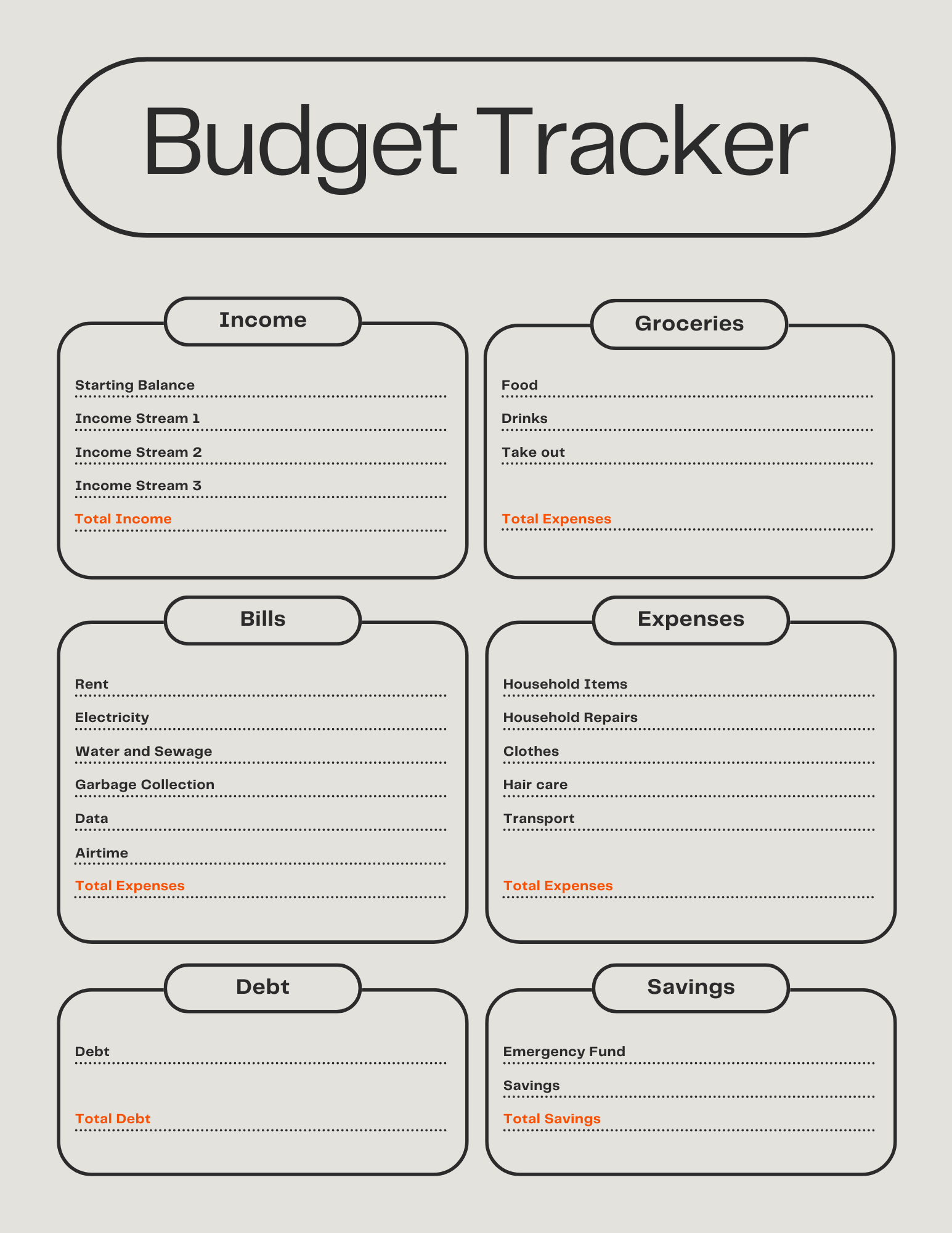 Beige & Black Rounded Modern Monthly Budget Tracker Journal