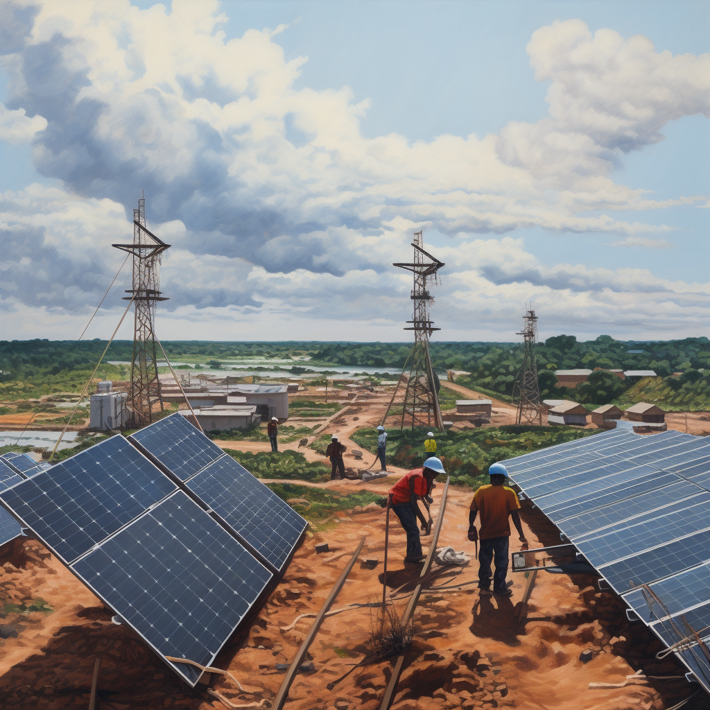 1. Image of a solar farm with workers installing panels
